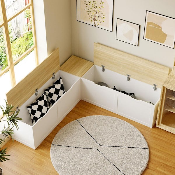 63 in. W x 17.7 in. H White and Wood Grain Wooden Shoe Storage Bench, Reading Corner Storage Bench with 2-Compartments