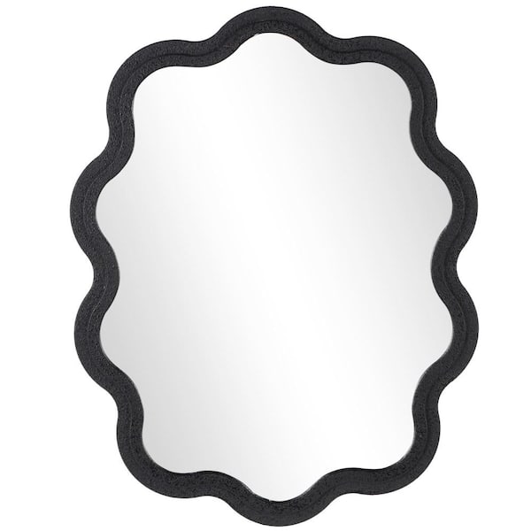 Litton Lane 40 in. x 31 in. Handmade Wavy Round Framed Black Wall Mirror with Dimensional Carved Frame