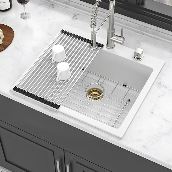 Unbranded 25 in. Drop-in Single Bowl White Quartz Kitchen Sink with Bottom Grids