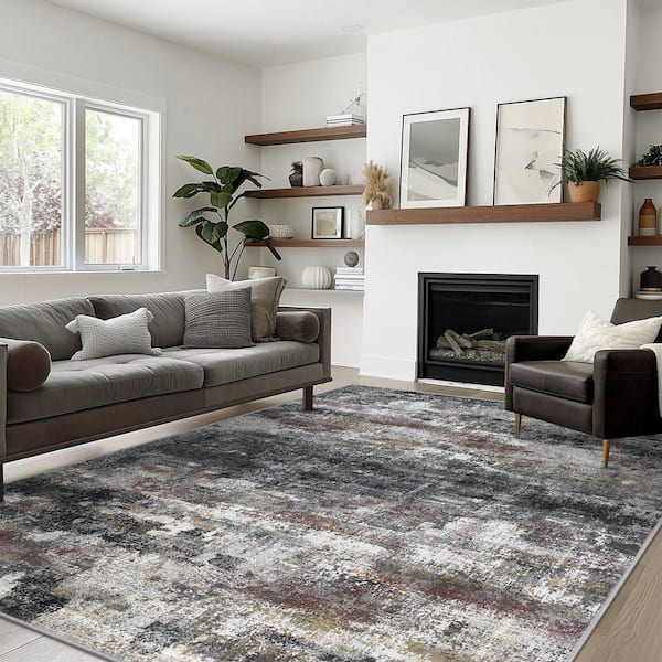 Zephyr Machine Washable Rusty Gray 8 ft. x 10 ft. Modern Abstract Indoor Area Rug