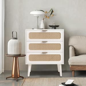 White 3-Drawer Wood Rattan Storage Nightstand (23.6 in. D x 15.35 in. W x 29.5 in. H)
