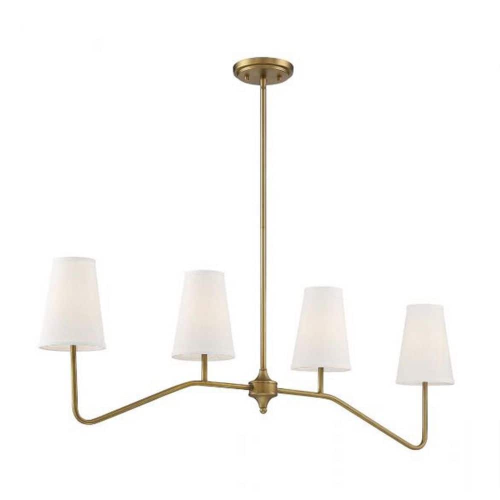 Natural Brass 4-Light Linear Chandelier with White Fabric Shades