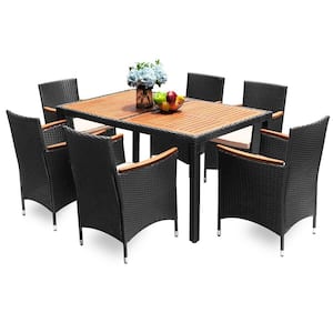 7-Piece Acacia and Wicker Outdoor Dining Set with Beige Cushions