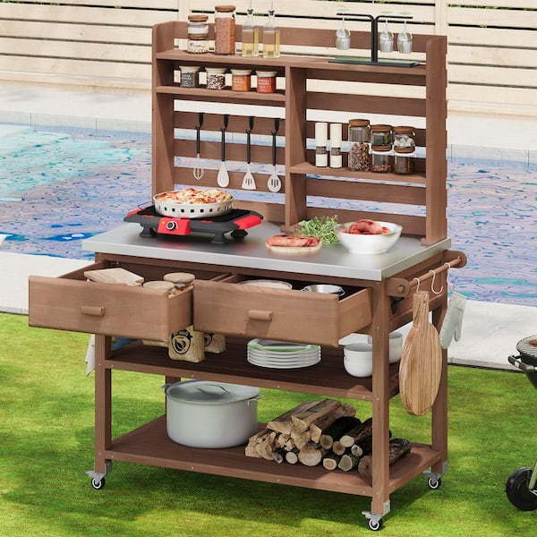 FASHION FINESSE LLC 47.5 in. W x 64.9 in. H Brown Potting Bench with Stainless Steel Top, Lockable Wheels and Drawers (52 in. Pack Length)
