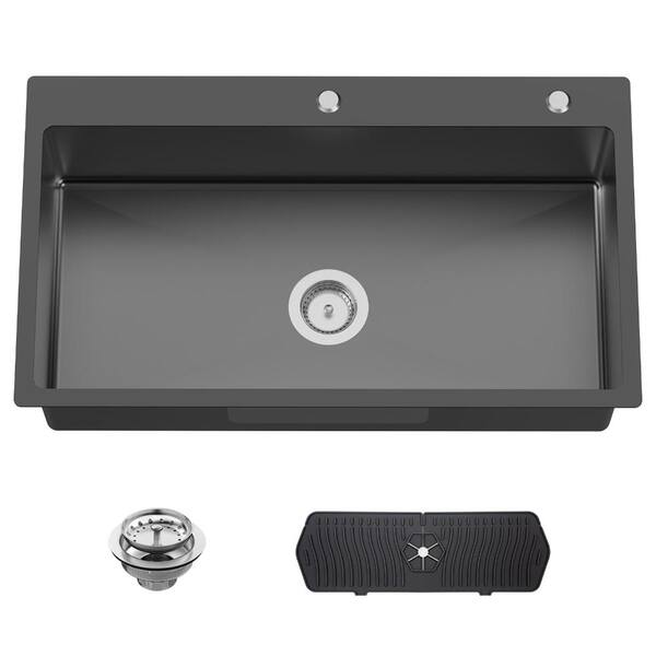 33 in. Drop-In Single Bowl 11-Gauge Black Stainless Steel Kitchen Sink with Silicone Mat and Drain, 9 in. Deep