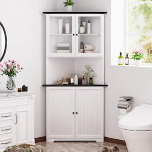 34 in. W x 25 in. D x 71 in. H Corner Linen Cabinet with Adjustable Shelves and Glass Doors in White