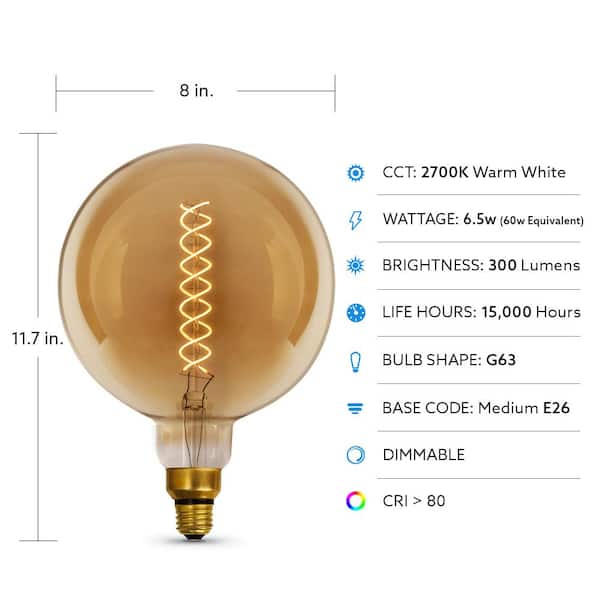 Feit Electric 60W Equivalent G63 Dimmable Spiral Filament