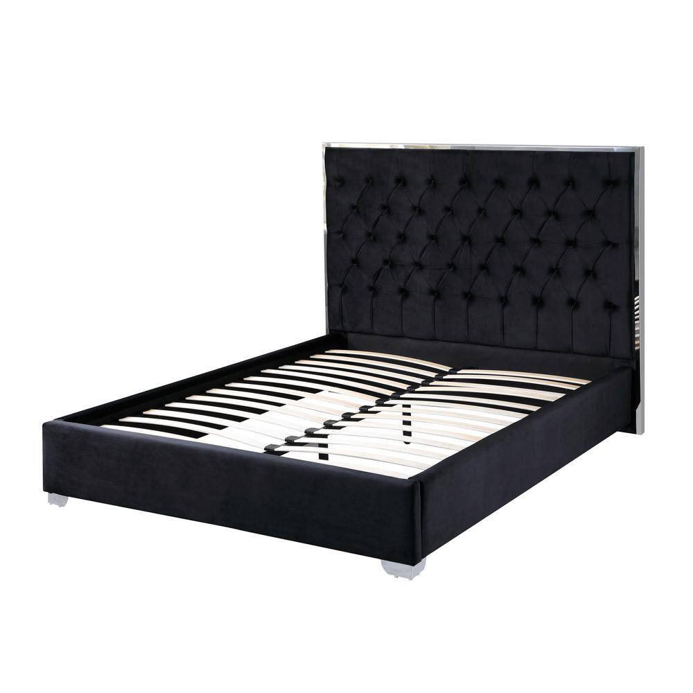 Kressa Black Velvet Tufted Queen Platform Bed with Upholstered Headboard