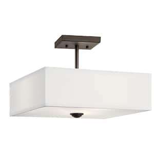 Shailene 14 in. 3-Light Olde Bronze Square Hallway Transitional Semi-Flush Mount Ceiling Light with Microfiber Shade