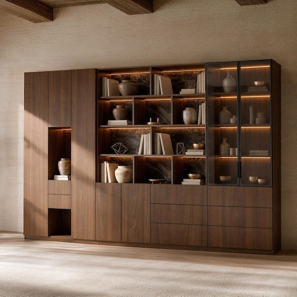 Homsee 92.5 in. Tall Walnut Wood 32-Shelf Standard Bookcase with 8