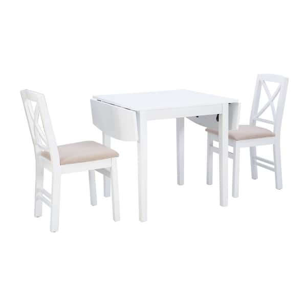 Moko Drop Leaf 3-Piece Rectangle White Wood Top Dining Room Set Seats 2