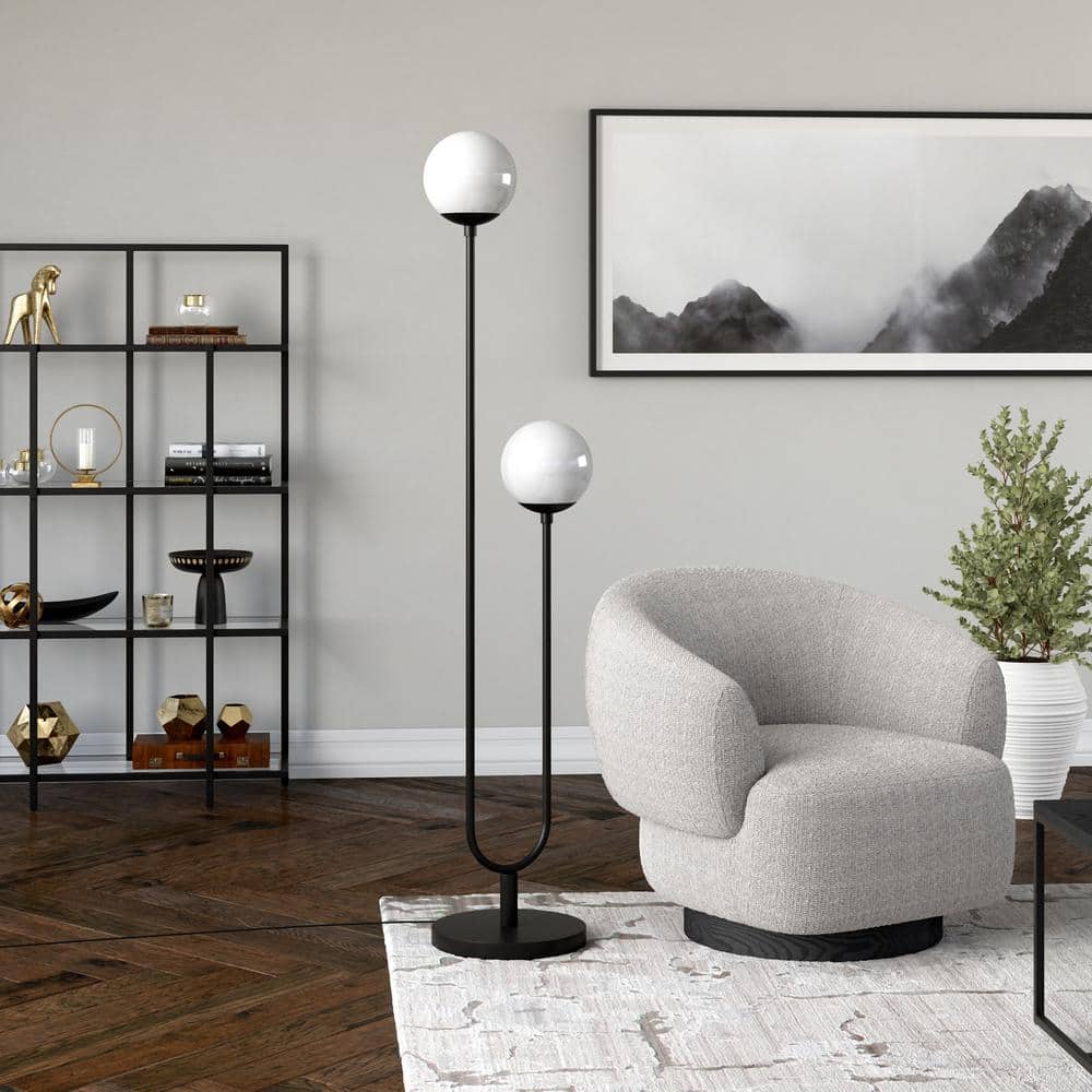 Art Deco-Inspired Blackened Bronze Floor Lamp with White Milk Glass