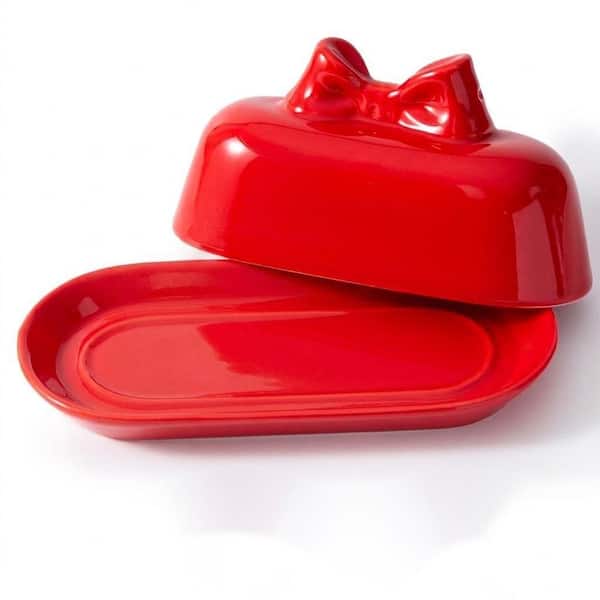 Ceramic Red Butter Dish with Bow Lid, Lead-Free Porcelain Butter Keeper for Counter and Refrigerator