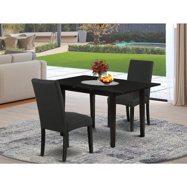 East West Furniture 3-Piece Black Finish Rectangular Solid Wood Top With Butterfly Leaf Dining Table Set