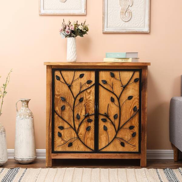 LuxenHome Pine Wood Metal Branches 2-Door Storage Cabinet