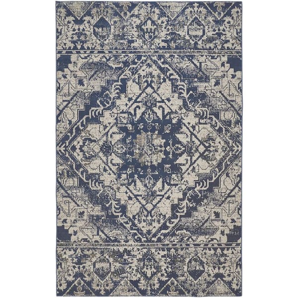 8 ft. x 10 ft. Gray Blue and Ivory Oriental Power Loom Area Rug