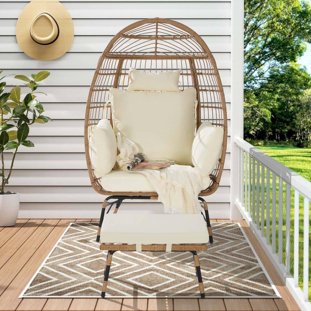 Brown Wicker Outdoor Lounge Chair with Beige Cushions, Indoor Outdoor Wicke