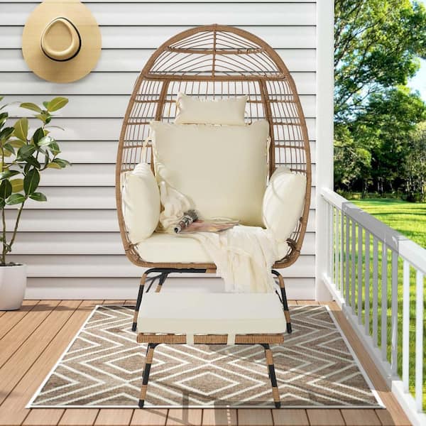 Unbranded Brown Wicker Outdoor Lounge Chair with Beige Cushions, Indoor Outdoor Wicker Egg Chair w/Footrests