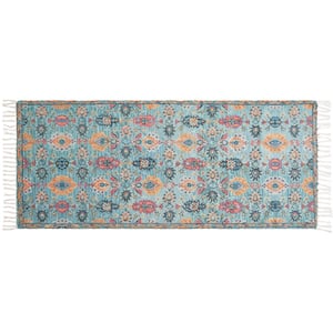 Chinille Fringe Machine Washable Teal 2 ft. x 5 ft. Floral Accent Area Rug