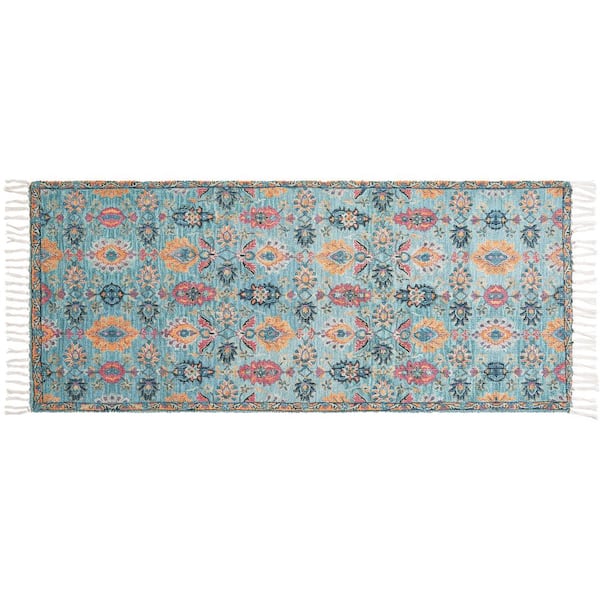 Chinille Fringe Machine Washable Teal 2 ft. x 5 ft. Floral Accent Area Rug
