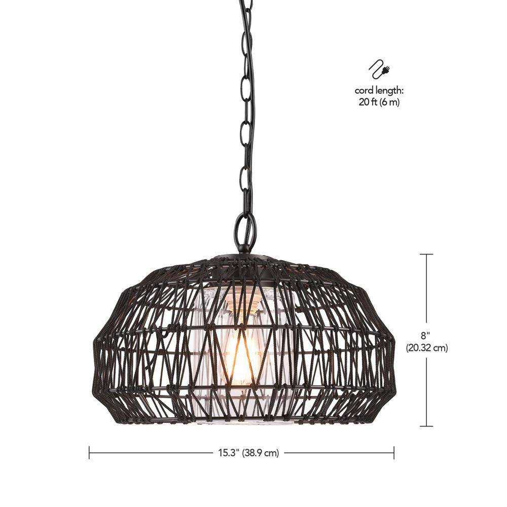 Matte Black Woven Fabric Outdoor Pendant Light with Glass Globe