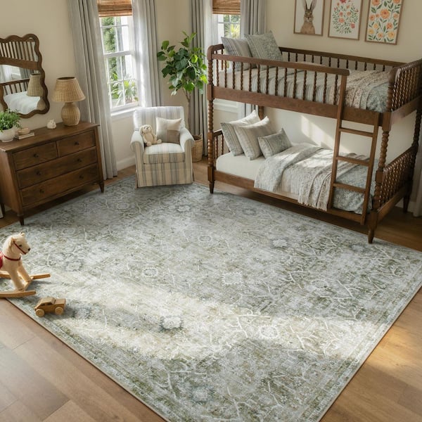 9 ft. x 12 ft. Light Green Vintage Floral Tribal Washable Non Slip Ultra-Thin Soft Area Rug