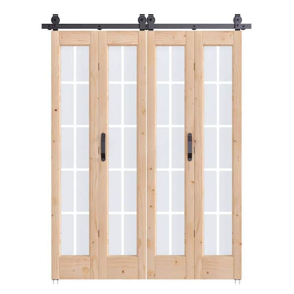 56 in. x 84 in. Full Lite Pre Assembled Frosted Glass Brown Unfinished Solid Core Wood Bi-fold Door with Hardware