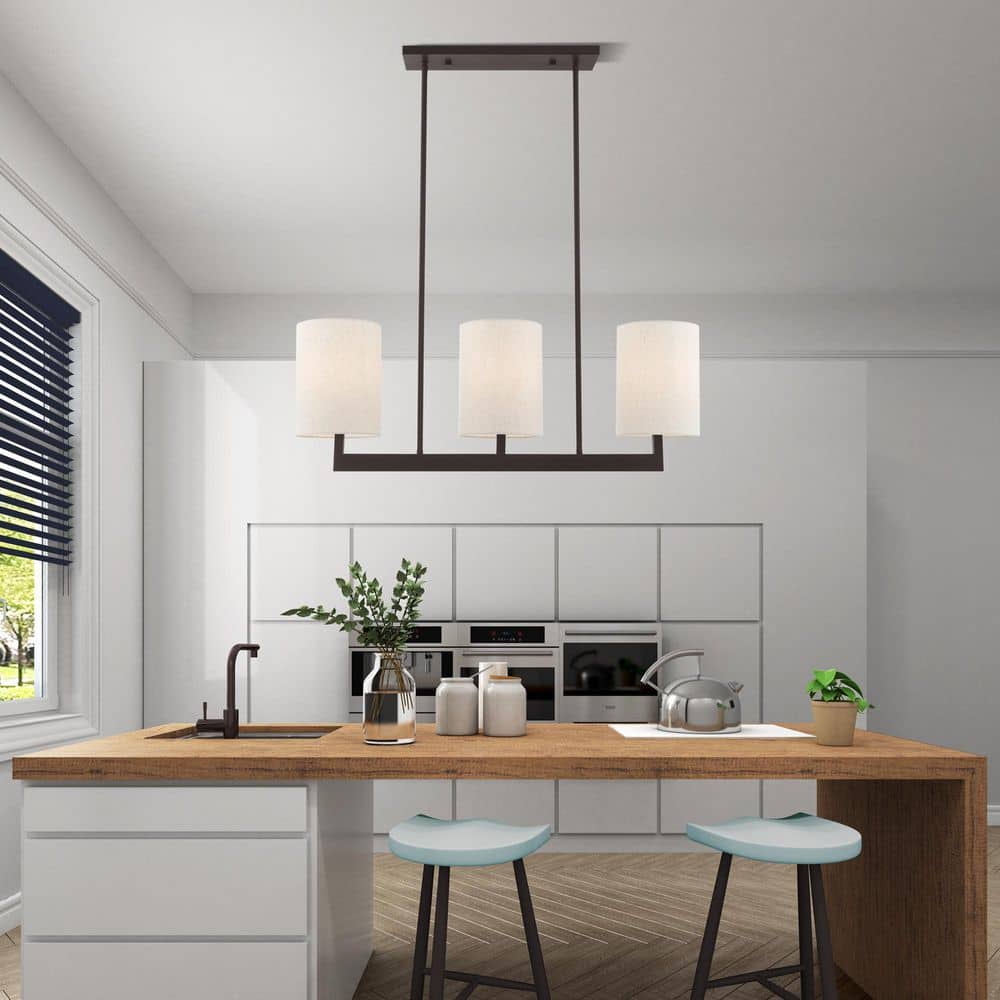 Bronze Steel 3-Light Linear Chandelier with Drum Shades