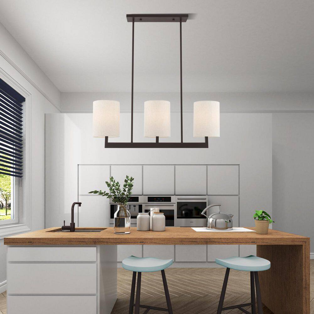 Bronze Steel 3-Light Linear Chandelier with Drum Shades