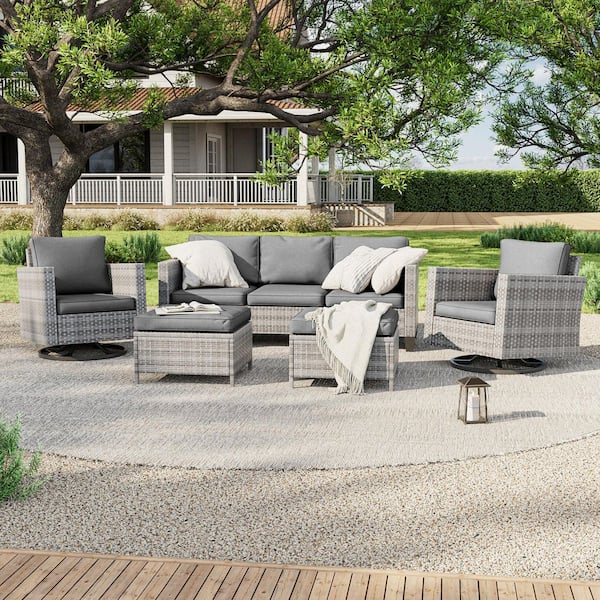 JOYESERY 5-Piece Patio Outdoor Grey Wicker Conversation Seating Set Thickening With Swiveling Rocker, Gray Cushion