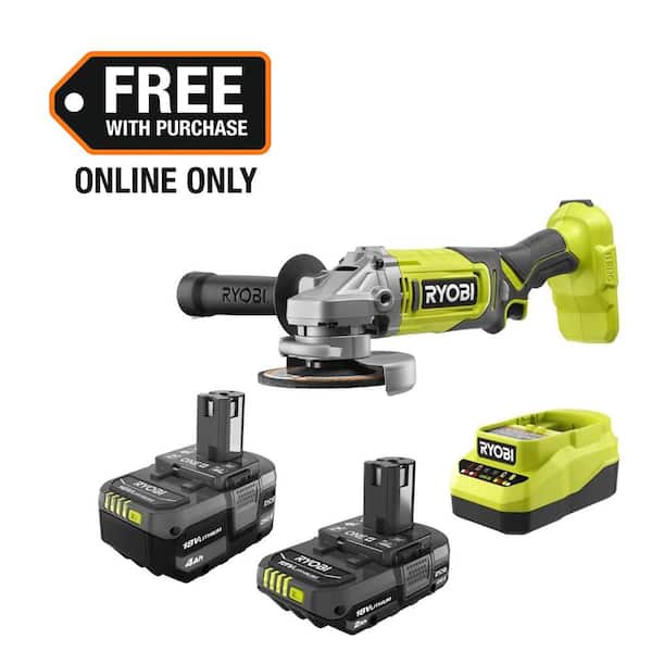 ONE+ 18V Lithium-Ion Kit with 2.0 Ah and 4.0 Ah Batteries, Charger, and ONE+ 18V Cordless 4-1/2 in. Angle Grinder