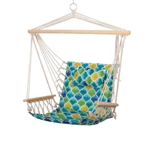 2.5 ft. Hammock Chair with Wooden Armrests in Blue/Green/Yellow Geometric