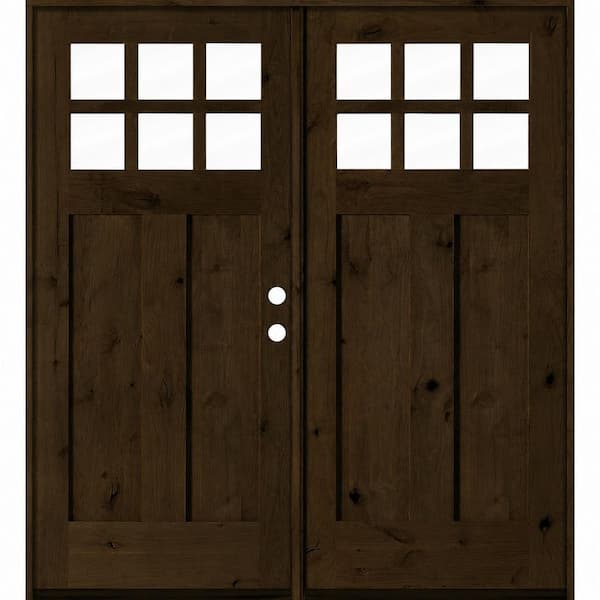 64 in. x 80 in. Knotty Alder Left-Hand/Inswing Double 6-Lite Clear Glass Espresso Stain Wood Prehung Front Door