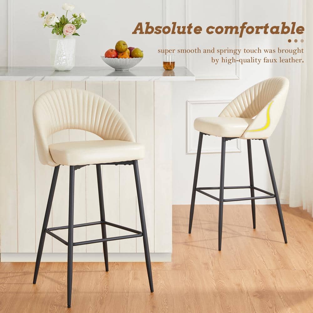 Set of 2 Cream Quilted Leatherette Bar Stools with Metal Legs