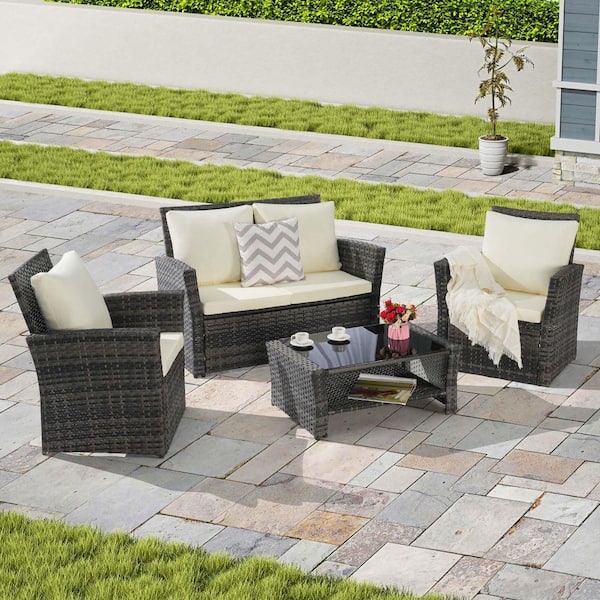 Tenleaf 4-Piece Wicker Patio Conversation Set with Beige Cushions ...