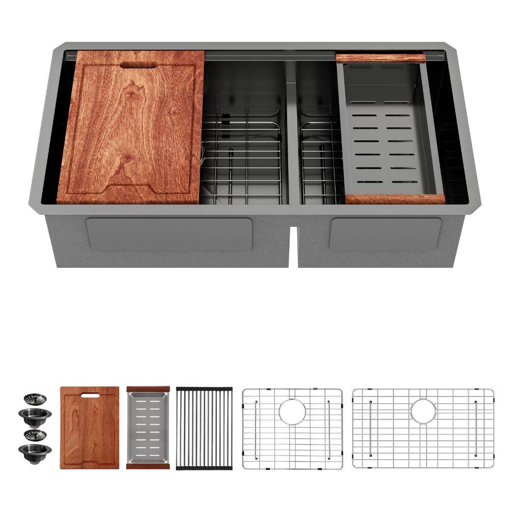 Matte Black 36 in.Low Divide 60/40 Double Bowl Workstation Sink Stainless Steel 16 Gauge Udermount Sink with Accessories price history on PriceWatchPro