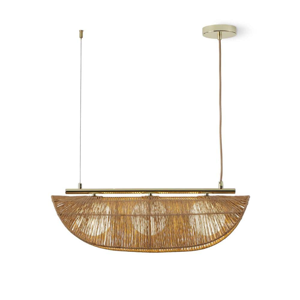 Sovev 27.5 in. Brass Bohemian Pendant Light with Rattan and Glass Shades
