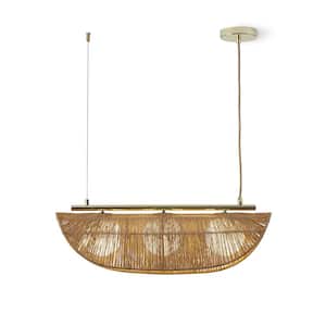 Sovev 27.5 in. 3-Light Polished Brass Bohemian Dimmable Pendant-Light with Frosted Glass And Rattan Shade-Table Island