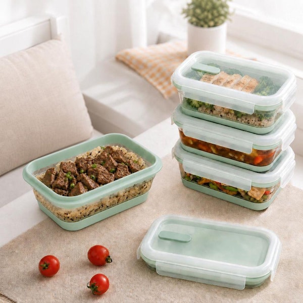 CHEFSPOT 10 Piece Stackable Collapsible Silicone Meal Prep Food Storage Container Set with Lids, Sage Green (5-Pack)