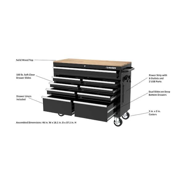 Tool Storage 46 in. W x 18 in. D 9-Drawer Mobile Workbench Cabinet in Gloss Black