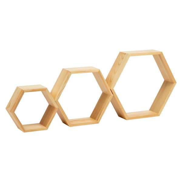 3.12 in. W x 13.75 in. D Brown Bamboo Hexagon Floating Shelves, Honeycomb Accent Shelf, Decorative Wall Shelf, Set of 3