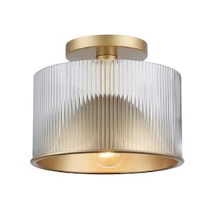 Quartz Serenade 10.75 in. 1-Light Gold Semi Flush Mount Ceiling Light with Clear Reeded Glass