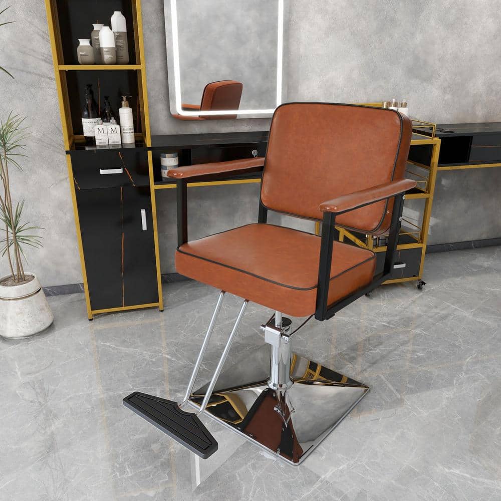 PU Leather Classic Swivel Barber Chair in Brown with Hydraulic Pump for Bea