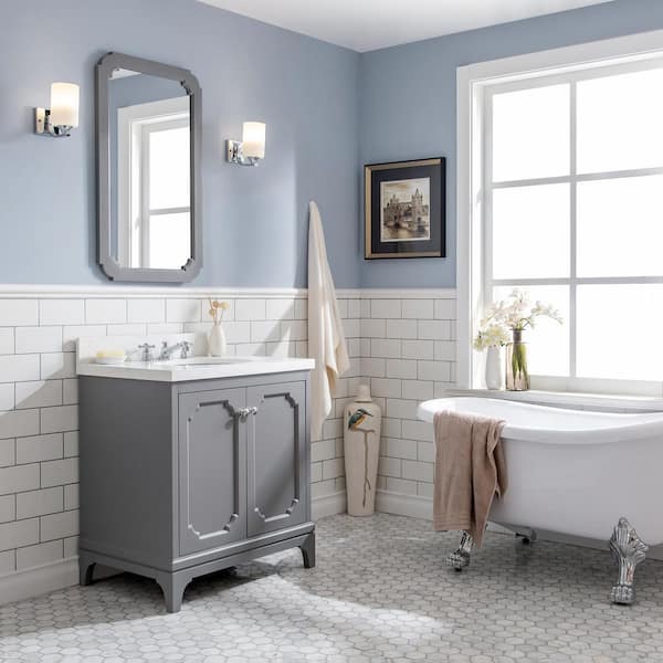 Queen 30 in. Bath Vanity in Cashmere Grey with Quartz Carrara Vanity Top with Ceramics White Basins