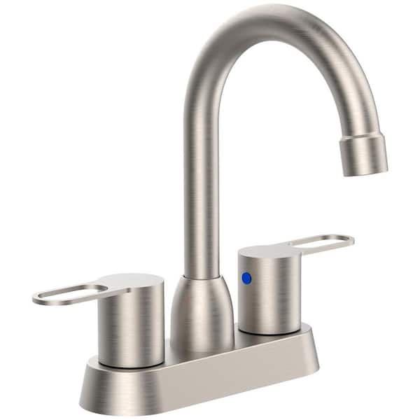4 in. Centerset Double Handle High Arc Bathroom Sink Faucet with Drain Kit in Brushed Nickel