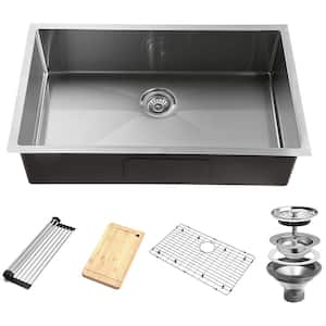 Silver Stainless Steel 32 in. Single Bowl Kitchen Sink with Accessories