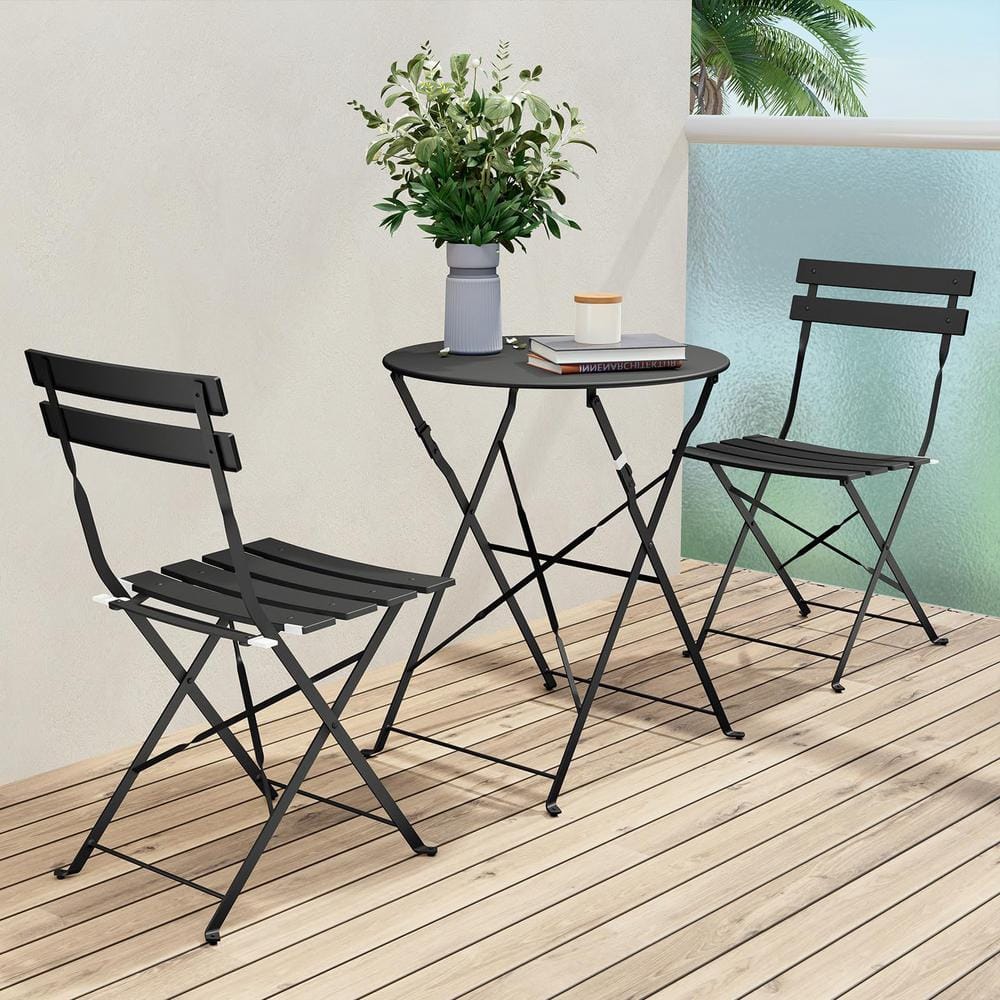 Black 3-Piece Metal Folding Outdoor Bistro Set