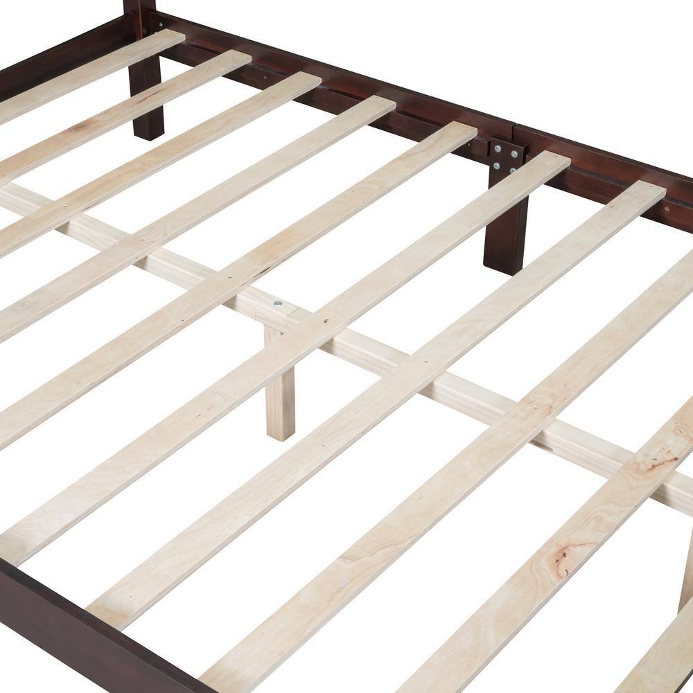 Close-up of the wooden slat support system of a platform bed