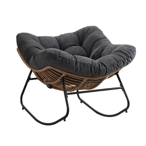 Black Metal Outdoor Rocking Chair, Modern Nursery Chair with Black Cushions