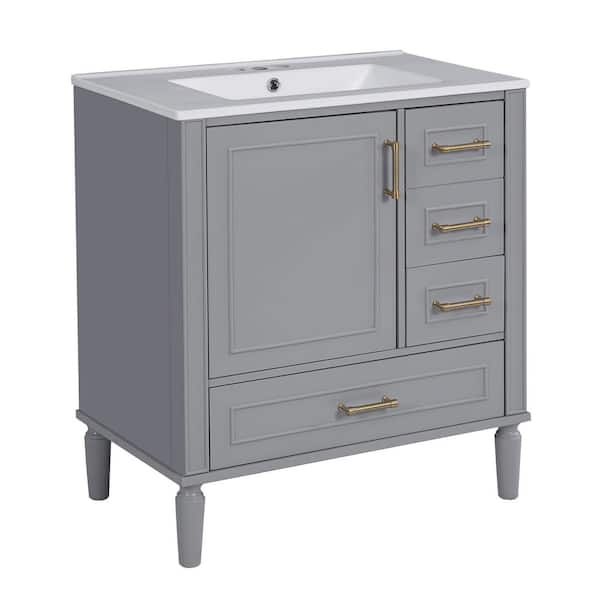 30 in. 1-Sink Free-Standing Gray Bath Vanity with White Ceramic Top, Soft-Close Door, Built-in Shelf